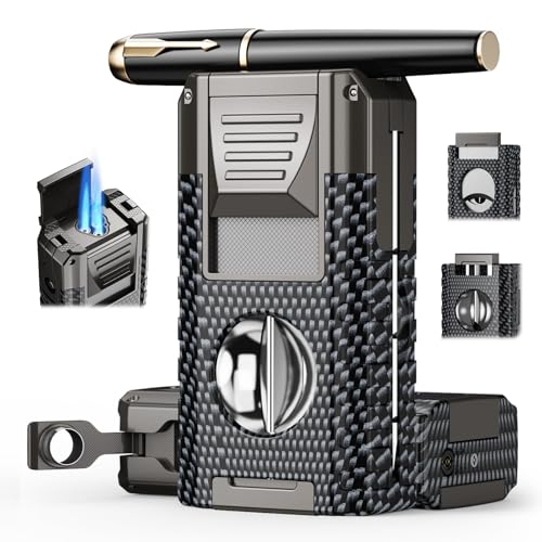 6-in-1 Torch Lighters Torch Lighter with V & Straight Cutter Punch Holder Draw Enhancer Tool Triple Windproof Flame All-in-one Lighter with Multi-Functional Accessory Refillable Butane Lighters