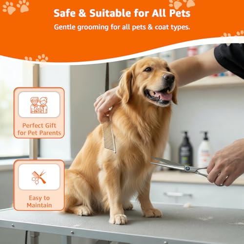 Image of Amazon Basics Dog & Cat Grooming Kit - 4-Piece Stainless Steel Set with Thinning Shear, Trimming Scissors, Curved Scissors & Grooming Comb - All-in-One Pet Grooming Set