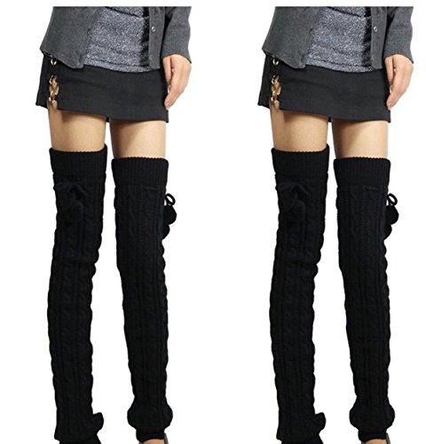v28 Leg Warmer, Women Ladies Girl Thick Ribbed Cable Knit Trimmed Pompon Soft (2 Pack (Black + Black))