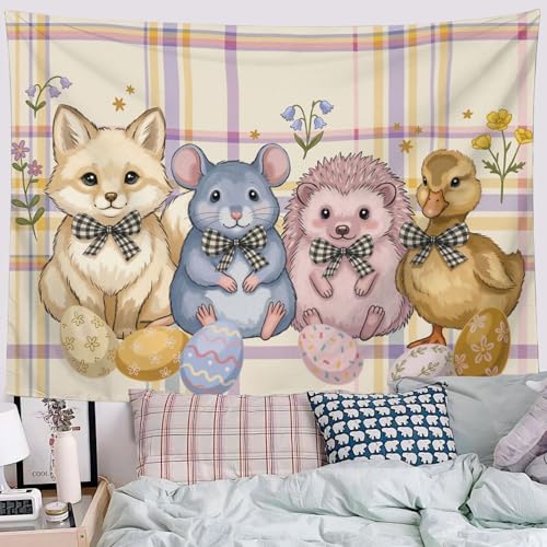 Tapiz de pared grande de tela suave con estampado rústico de cuadros y animales