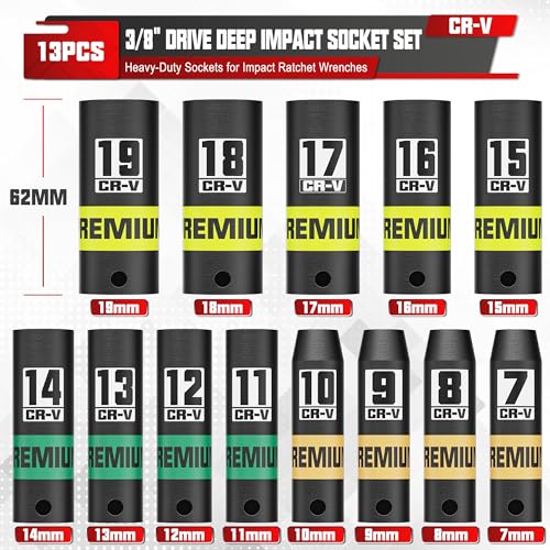 Image of 13-Piece 3 /8 inch Drive Deep Impact Socket Set, 7-19mm, CR-V, 6 Point, Heavy-Duty Sockets for Impact Wrenches, Automotive and Home