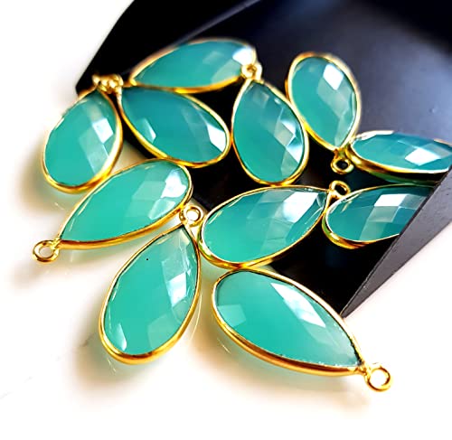 Bluish Chalcedony Gemstone Charms, Teardrop Shape Gold Bezel/Charm, Single Bail Pendant Necklace & Jewelry Making Size - 10X20 Mm 24K Gold Plated Vermeil 4 Pieces Pack ,Jewelry Findings For Girls & Women (Bluish Chalcedony (March) [2] #TOP2