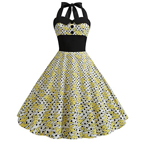 JUTREE Womens Fashion Print Evening Party Prom Swing Button Elegant Halter Hepburn Dress(XL,Yellow)