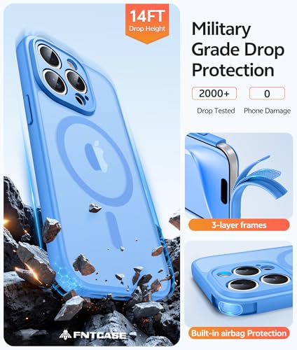 Image of FNTCASE for iPhone 15 Pro Max Case: [Compatible with Magsafe] Translucent Matte Cases with [Full Camera Protection] [Screen Protector] Military Grade Shockproof Protective Phone Cover - Ice Blue