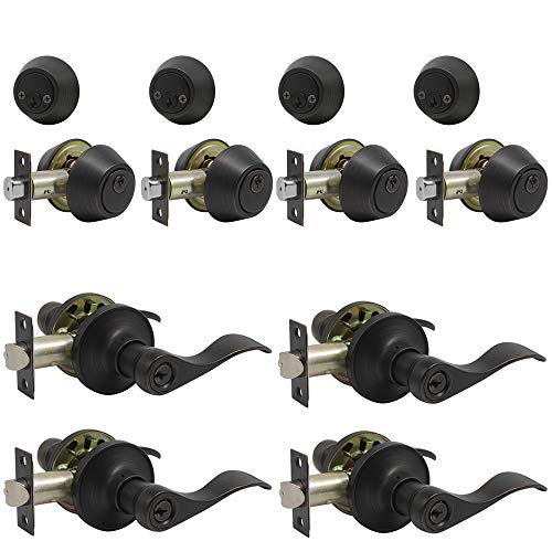 Black Friday - 50% OFF Probrico Hardware Heritage Front Door Entry Lever Lockset with Double Cylinder Deadbolt Combination Set Keyed Alike with Oil Rubbed Bronze 4 Pcak