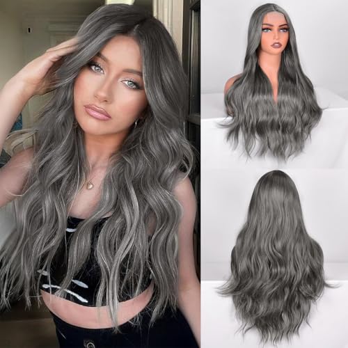 28 Inch Grey Body Wave Long Wavy Lace Front Synthetic Wig Women Hair