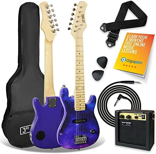 3rd Avenue 1/4 Size Kids Electric Guitar Pack for Junior Beginners - 6 Months FREE Lessons, 5W Portable Amp, Cable, Bag, Picks and Strap - Black