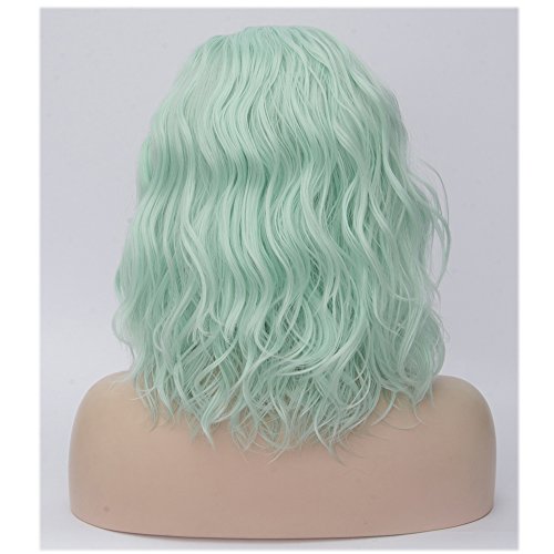 Image of BERON 14 inch Green Wigs for Women Short Curly Bob Wavy Wig Girls Mint Green Colored Body Wave Heat Resistant Synthetic Cosplay Party or Daily Wigs