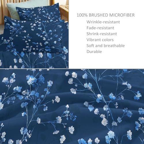 Housse de couette 220x240 fleur bleu rétro parure de lit 2 taies oreiller