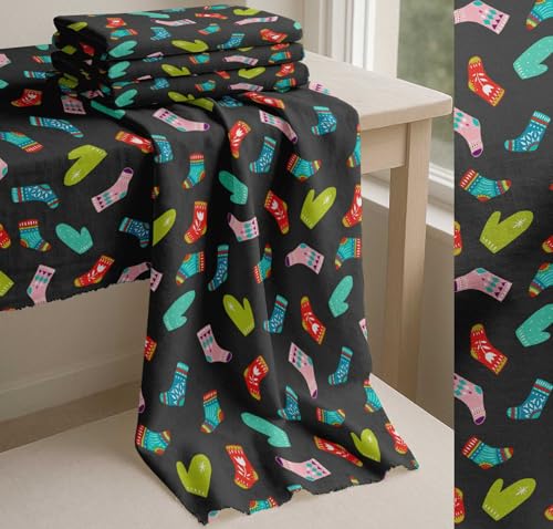 Image of Soimoi Gray Cotton Poplin Fabric Socks & Gloves Folk Art Printed Fabric 1 Meter 42 Inch Wide
