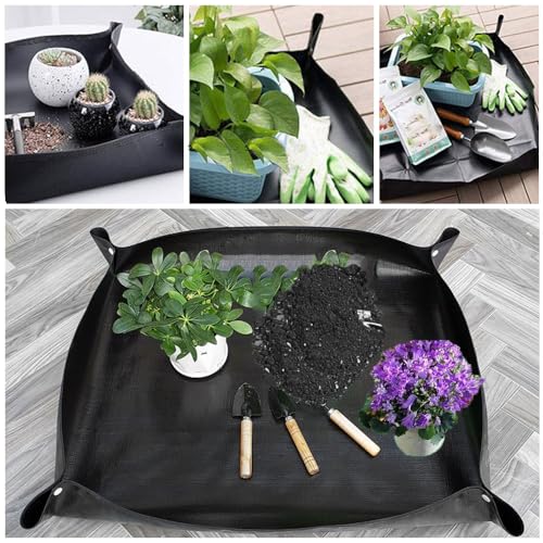 2 Stück Gartenmatte Pflanzmatte, 100x100cm wasserdichte Pflanzenmatte, Wasserdicht Pflanzen Umtopfen mit Gartenwerkzeug Faltbare Pflanzunterlage für Umtopf Sukkulenten Innenberei Garten(Schwarz)