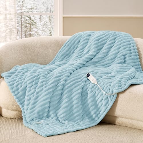 Image of Bedsure Heated Blanket Electric Throw - Thick Striped Flannel Electric Blanket, Heating with 4 Time Settings, 6 Heat Settings, and 3-Hour Timer Auto Shut Off, Gift for Grandma (50 inchx60 inch, Light Blue)