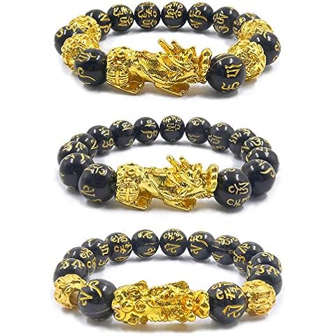 3Pcs Pi Xiu Bracelet, Feng Shui Black Obsidian Bracelets, with Gold Plated Chinese Sacred Beast Pi Xiu Attract Wealth and Good Luck, Adjustable Elastic Bead Bracelet for Men Women (111) Cover