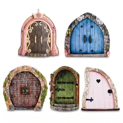 Zirax 5 Pcs Set of Wooden Fairy Doors for Garden Trees Mini Fairy House Kit Outdoor Garden Decoration Accessories Yard Art Decoration