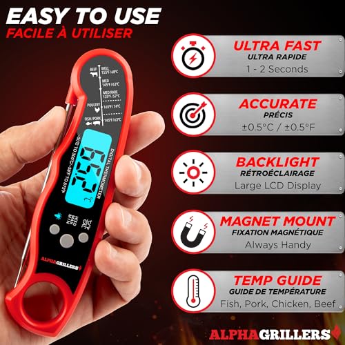 Alpha Grillers Meat Thermometer Digital - Instant Read Food Thermometer for Cooking Grilling Air Fryer BBQ Kitchen - Blackstone Griddle Accessories - Gifts for Him Husband - Gifts for Birthday Men Dad