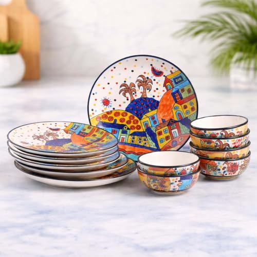 Image of Hut Family Hand-Painted Glossy Dinner Set Ceramic Stoneware Dinner Set of 12 Pieces | 6 Dinner Plate 10.3 Inch & 6 Serving Bowls 180 Ml | Dishwasher & Microwave Safe - Multicolor, Solid