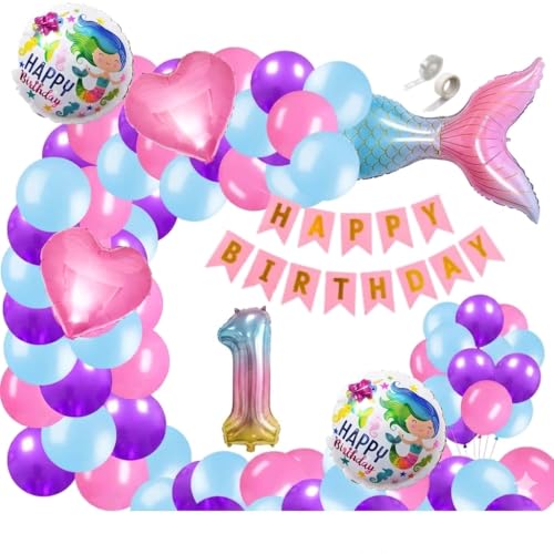 Image of 60 pcs 1st Birthday Decoration for Girls Tail Foil Balloon Garland Rainbow Number Foil Theme Birthday Decorations Aqua Theme Birthday Decorations (Pack of 60, Multi)