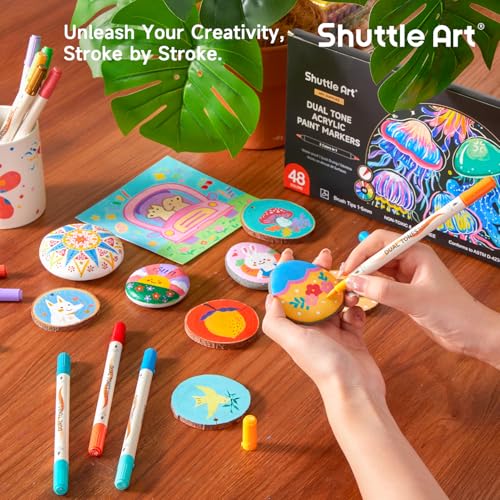 Image of Shuttle Art 48 Colors Dual Tone Acrylic Paint Markers, 24 Pack Acrylic Paint Pens Set for Rock Painting, Ceramic, Wood, Canvas, Glass, Stone, Fabric, Card Making, DIY Football Crafts