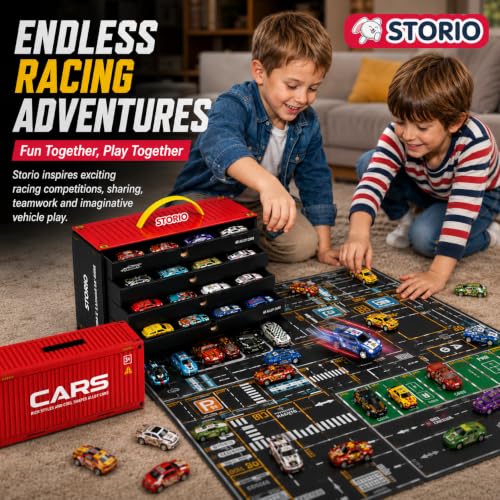 Image of Storio 48 Pull Back Toy Cars Set for Kids with Storage Container & Play Mat, Metal Mini Race Cars, Car Carrier Organizer Box, Party Favors for Boys Girls Age 3-8 Years