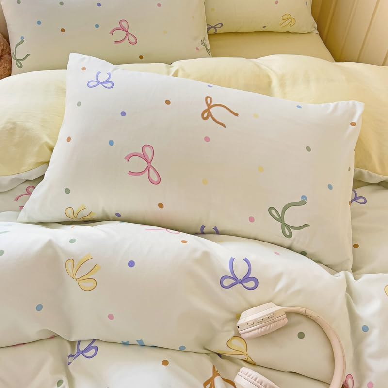 Kimko Washed Cotton Kawaii Bowknot Duvet Cover Set,Girls Cute Washable Cotton Bedding Set,Gentle,Soft,Home Cozy and Breathable 【3Pcs:1 Duvet Cover+2 Pillowcase】 (# 19, Queen-79''X90'')