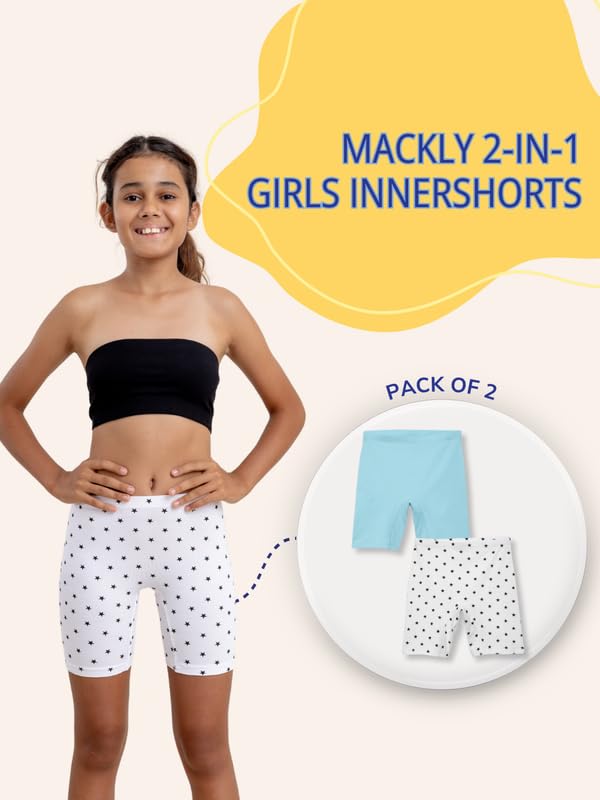 Image of mackly Girls Inner Shorts (Pack of 2) | 2-in-1 Seamless Panty Shorts with Gusset | Soft Breathable Base Layer for Dresses, Skirts
