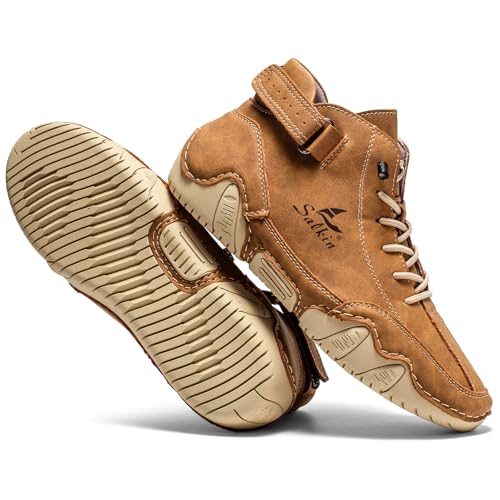 Men's Chukka Boots Non Slip Ankle Boots Leather Casual Boots for Men Slip on Lightweight Loafers Walking Driving Shoes Gold4