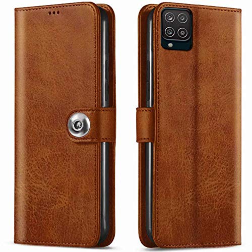 TheGiftKart Flip Case Back Cover for Samsung Galaxy M12 / F12 / A12 (Genuine Leather Finish | Inside Pockets & Inbuilt Stand | Wallet Style Back Cover Case | Designer Button Magnet | Brown)- Best and cheap mobile covers in India