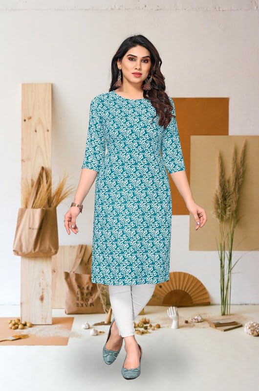 Image of JAKHANA Women's Crepe Printed Casual Straight Calf Length Round Nick Kurta Pack of 4