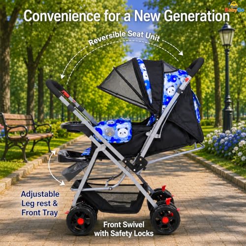 Image of BabyGo Foldable Baby Stroller for Newborn, Infant & Toddler 0-3 Years | Lightweight Travel Pushchair | Safety Harness | Adjustable Recline Backrest | 360 Swivel Wheels | Large Storage Basket | Blue