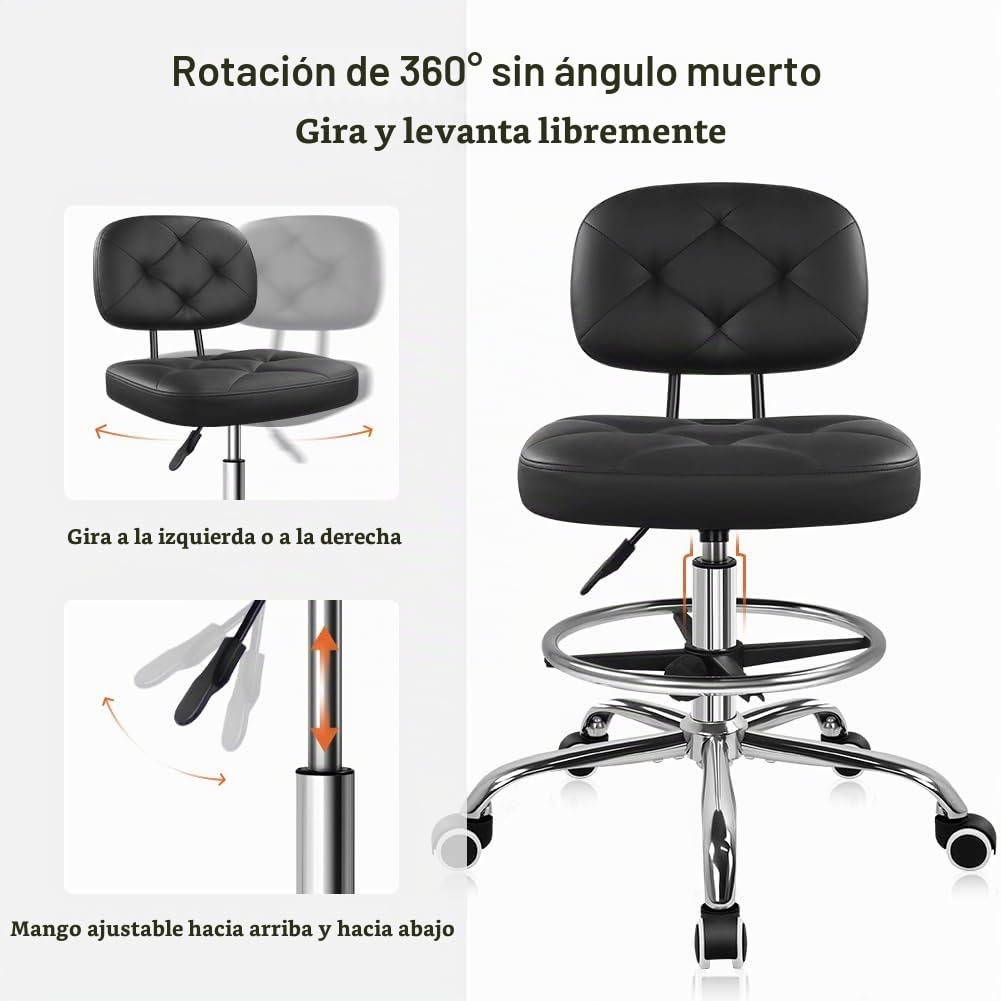 KKTONER Taburete de dibujo con respaldo rodante con reposapiés con ruedas, altura ajustable, sillas de piel sintética para tocador de oficina (negro)