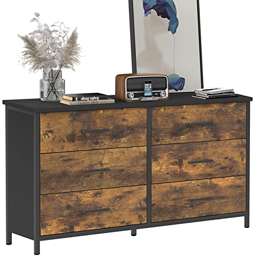 Ikeno 6 Drawer Wood Dresser, Industrial Wood Storage Dresser Clothes Organizer, Sturdy Steel Frame, Storage Dresser For Bedroom #TOP10