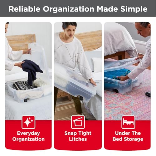 Rubbermaid 68 Quart Under the Bed Low Profile Storage Boxes with Dual Hinged Lids and Easy Rolling Caster Wheels, Clear, 2 Pack by Rubbermaid - Image 3