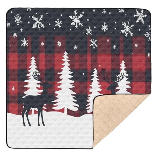 BOESI Doodle Elk and Snowflake Pattern Baby Play Mat, 50“ X 50” Washable Folding Crawling Mat, Baby Floor Mat, Soft, Thick, Non-Slip