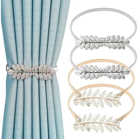 Meamaz Curtain Tiebacks 4pcs Metal Gold Silver Leaf Curtain Tiebacks Alloy Adjustable Length Curtain Holdbacks Spring Decor for Indoor Thick Home Window Draperies Simple Leaf Curtain Tiebacks Cover