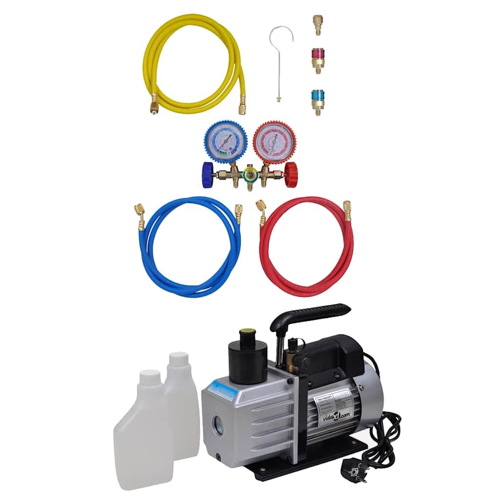 Vakuumpumpe mit 2-Wege-Verteiler und Manometer Set für Klimaanlagen, professionelle Kältemittel Wartung, Aluminiumgehäuse, inklusive Schläuche, Adapter, Haken