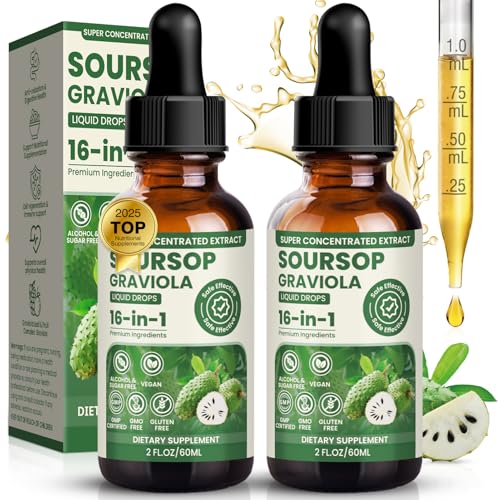 16-in-1 Formula Soursop Graviola Liquid Drop 2 * 60ml Organic Multivitamin Drops Pure Soursop Leave Fruit Complex Extract Bitters Liquid for Cell Support Regeneration Immune Boost Natural Antioxidant
