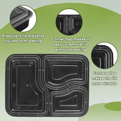 YOUNTHYE 50PCS Disposable Meal Prep Containers 3 Compartment Food Prep Containers with Lids 30oz Plastic Bento Box Lunch Containers Stackable Meal Prep Containers Bulk for Microwave, Freezer Safe - Image 4