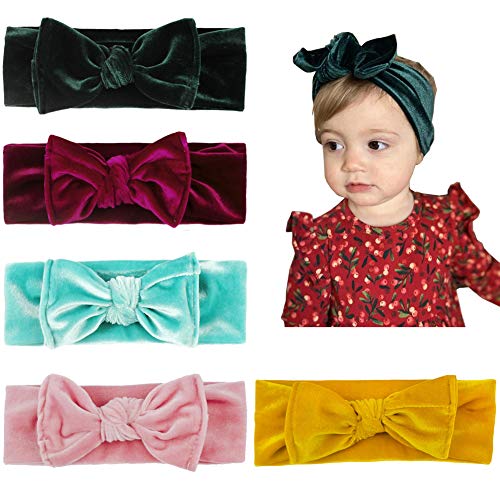 SuperiMan 5PCS Velvet Bow Headbands for Baby Girls,Toddler Girls Bows Turban Head Wrap Hair Bands Photography Props Hairband (Green+Purple Red+Blue+Light Pink+Yellow), Medium