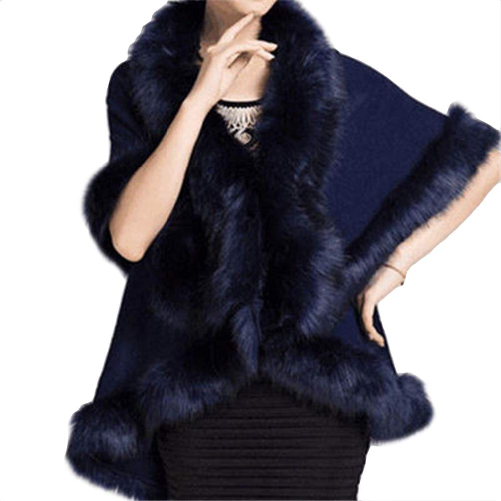 ZKOOO Women Faux Fur Wrap Shawl Winter Warm Cardigan Cape Layers Poncho Thick Cloak Coat Outerwear for Wedding Evening Party Navy