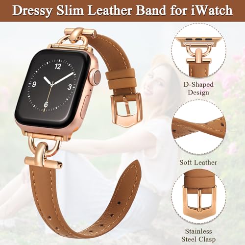 Image of Leather Band Compatible with Apple Watch Bands for Women, Dressy Fancy Strap for iWatch Series 11 /10 /9 /8 /7 /6 /5 /4 /3 /2 /1 /se(38mm 40mm 41mm 42mm,Light Brown /Rose Gold)
