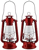 Öllampe Petroleumlampen 2er-Set Nostalgische Petroleum-Sturmlaterne mit feuerfestem Glaskolben | Tankvolumen 250 ml | höhe 30cm | Brenndauer 10-14 Stunden | Outdoor - rot