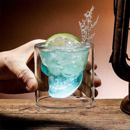 Image of Skull Whiskey Glass 250 Ml Double Walled Skull Shaped Whiskey Glass & Shot Glass, Funnny,Qwirky Whiskey Gift Set for Friends, Transparent (Set of 2)