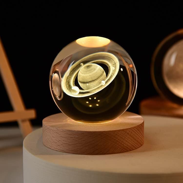 Image of Crystal 3D Galaxy Ball Night Light | Dimmable Engraved LED Glass Ball Table Lamp with USB and Wooden Base for Home Decor|Office|Birthday Gift & Kids Bedroom|Decoration (Saturn)