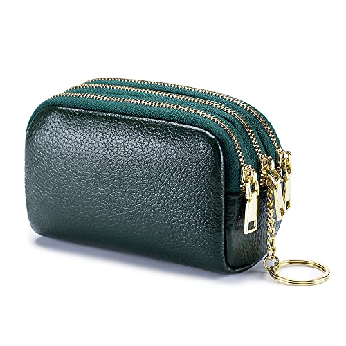 Linno 3 Zippered Genuine Leather Coin Purse Triple Capacity Change Pouch Little Travel Wallet With Key Ring For Women #TOP6