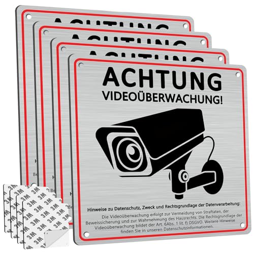 4 Stück Achtung Videoüberwachung Schild Privatgrundstück mit DSGVO Hinweis, 15x15cm, Gebürstetes Aluminium, Selbstklebend und 4 Bohrlöcher, Kamera Überwachung Schild, Hinweisschild Videoüberwachung