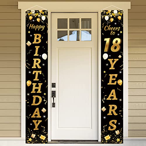 Bannière De Joyeux Anniversaire,18 Anniversaire Porte Signe Bannièr,18 Ans Anniversaire Décorations Noir et Or Cour de Maison Décorations de Fête Cover