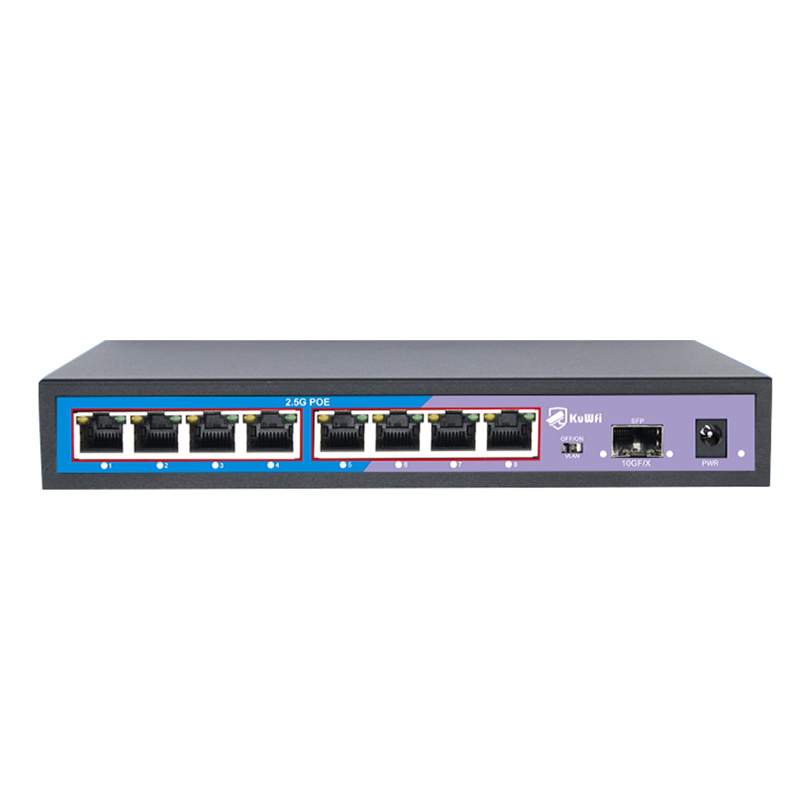 KuWFi HG0801-P Switch POE 2.5 Gigabit 8 Ports, 1 SFP Port 10G, 60Gbps 8 Ports Ethernet 2.5G, Plug & Play, Desktop oder Wand, ideal für IP/AP WiFi Überwachung, Büro, Schule, Krankenhaus
