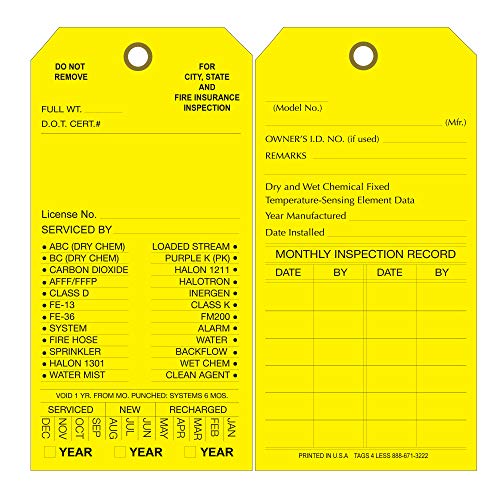 Custom Printed Fire Extinguisher Tags - Monthly Cards for Inspection - Maintenance Label Tag to Record Date Check - Alternative to Safety Sticker - Pack of 100 (Yellow, Cardboard)