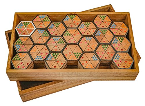 LOGOPLAY Hexadomino - Hexamino - Sechseck-Domino - Legespiel - Gesellschaftsspiel aus Holz mit 63 Spielsteinen