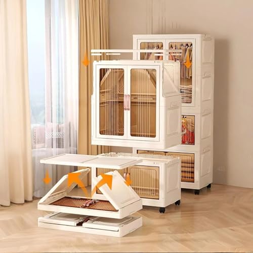 Image of EXVITO Modular Plastic Wardrobe for Bedroom | 1 Tier+2 Bins Foldable Cupboard with Hanging Rod | Stackable Storage Almirah for Clothes with Wheels | Multi-Layer Plastic Storage Cabinet-(TRAN)